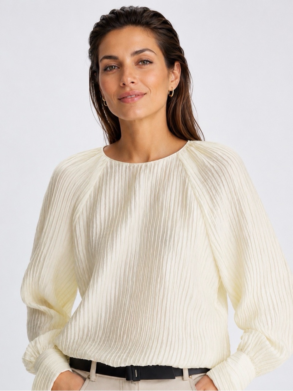 Purificacion Garcia Ivory Textured Satin Blouse S Balloon Sleeve Top